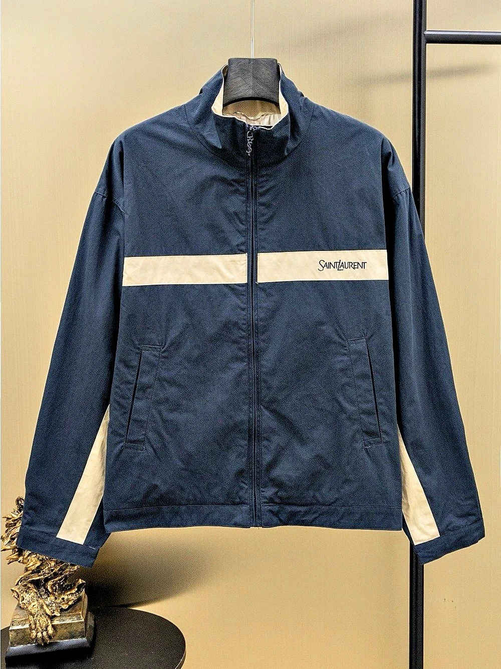 Saint Laurent Track Jacket in Cotton and Nylon Blue & Cream